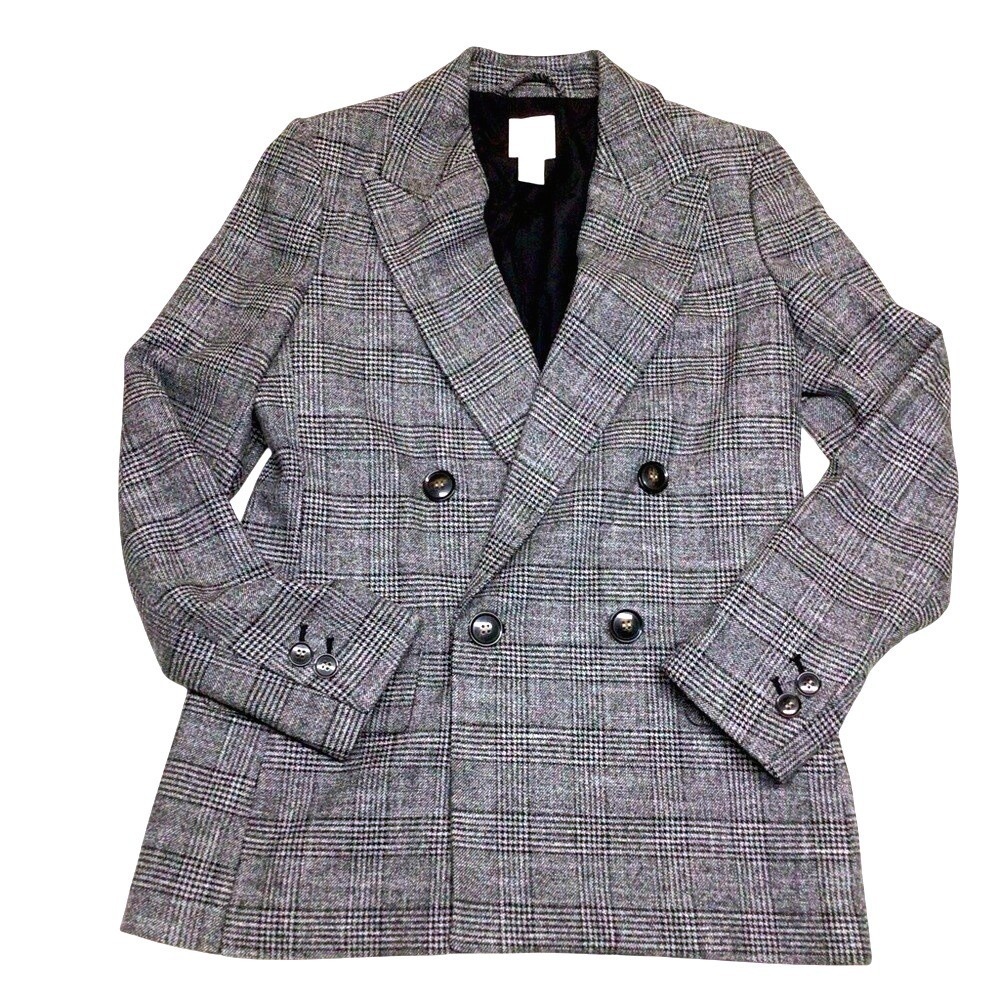 H&M‎ Plaid Double Breasted Blazer Gray Black Womens Size 4